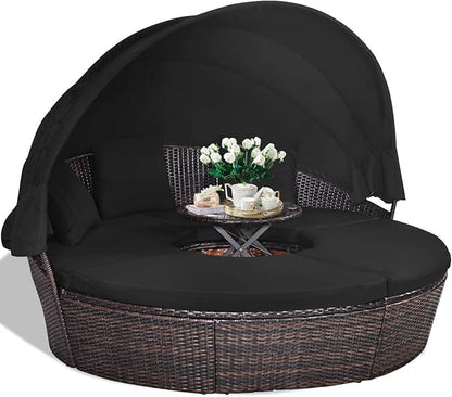 HAPPYGRILL Patio Daybed with Canopy Outdoor Furniture Set Sofa Set Rattan Wicker Round Daybed with Soft Cushions Coffee Table for Patio Backyard Poolside