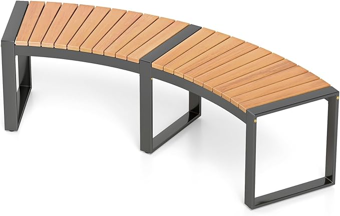 Moccha Outdoor Curved Bench, Acacia Wood Fire Pit Bench w/Slatted Seat, Metal Frame, Loveseat, Outside Chair, Patio Backless 2-Person Seating for Yard Deck Porch 800 LBS Max Load, Oil Painted (1)