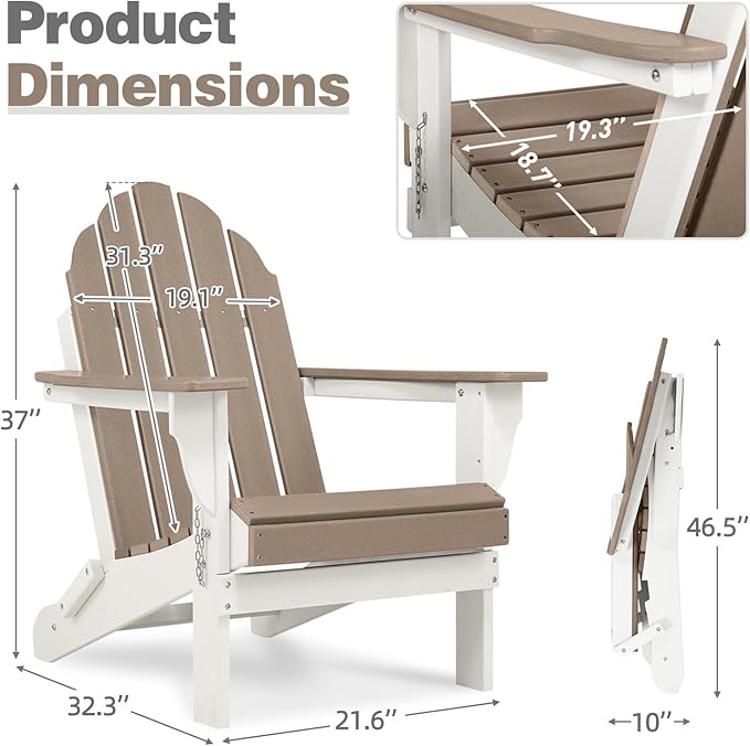 Aoodor HDPE Outdoor All-Weather Folding Adirondack Chair for Patio, Garden, Backyard, Lawn, Fire Pit, Set of 2, Brown