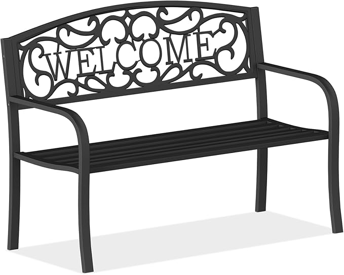 50 Inches Outdoor Garden Bench, Outside Bench with Anti-Rust Steel Metal Frame ＆ Non-Slip Legs, Patio Bench with Floral Pattern Backrest (Welcome)