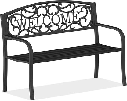 50 Inches Outdoor Garden Bench, Outside Bench with Anti-Rust Steel Metal Frame ＆ Non-Slip Legs, Patio Bench with Floral Pattern Backrest (Welcome)