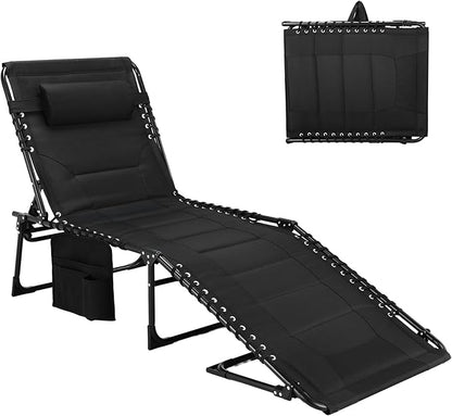TLSUNNY Padded Folding Lounge Chair, Portable Reclining Chair with Pillow & Side Pocket, Outdoor 5-Position Adjustable Chaise Lounger with Carrying Handle, for Beach, Pool, Sunbathing (Black)