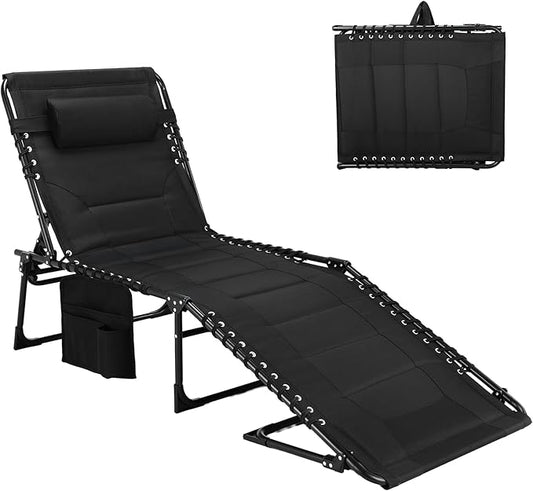 TLSUNNY Padded Folding Lounge Chair, Portable Reclining Chair with Pillow & Side Pocket, Outdoor 5-Position Adjustable Chaise Lounger with Carrying Handle, for Beach, Pool, Sunbathing (Black)
