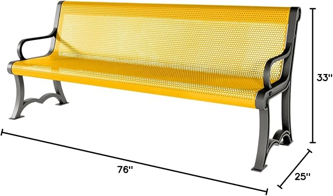 COATEDOUTDOORFURNITURE Coated Outdoor Furniture Heavy-Duty Outdoor Bench Thermoplastic Coated, Punched Steel, Commercial-Grade Garden Bench, Made in America (Portable with Back, 6 Ft, Yellow)