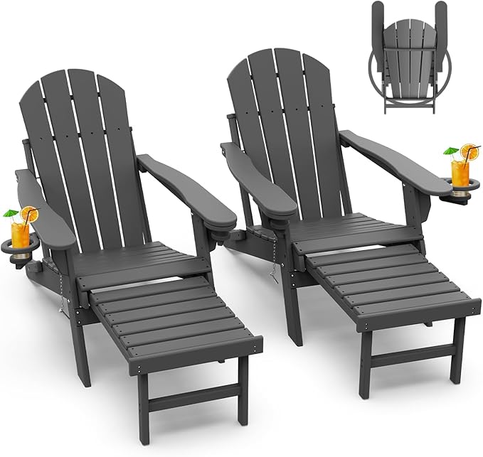 GREENVINES Adirondack-Chairs-with-Ottoman | Set of 2 | Folding | Retractable-Footrest | HDPE Plastic | All Weather Fire Pit Chair | Cup Holders | Grey | for Outdoor Poolside