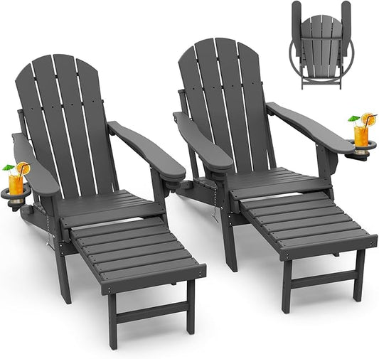 GREENVINES Adirondack-Chairs-with-Ottoman | Set of 2 | Folding | Retractable-Footrest | HDPE Plastic | All Weather Fire Pit Chair | Cup Holders | Grey | for Outdoor Poolside