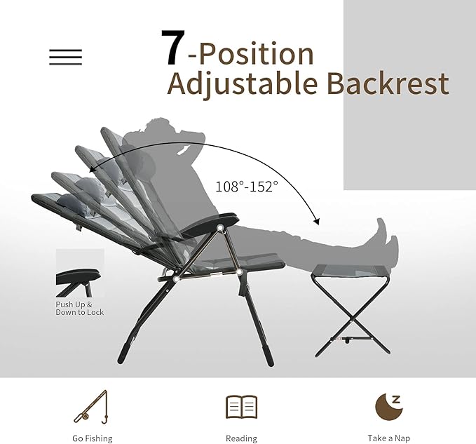 Giantex Set of 2 Patio Dining Chairs with Footstools, Folding Recliner Chairs with 7-Position Adjustable Backrest - Photo 5