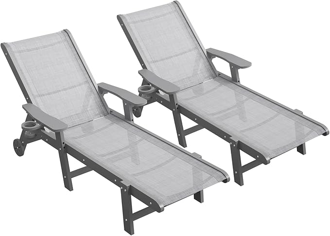 Outdoor Chaise Lounge Chair Set of 2, 5-Position Adjustable Pool Lounge Chair with Wheels & Cup Holder - Photo 1