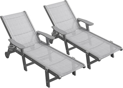Outdoor Chaise Lounge Chair Set of 2, 5-Position Adjustable Pool Lounge Chair with Wheels & Cup Holder, HDPE Patio Lounge Chair with Textilene Surface for Outside, Poolside & Beach (Grey)