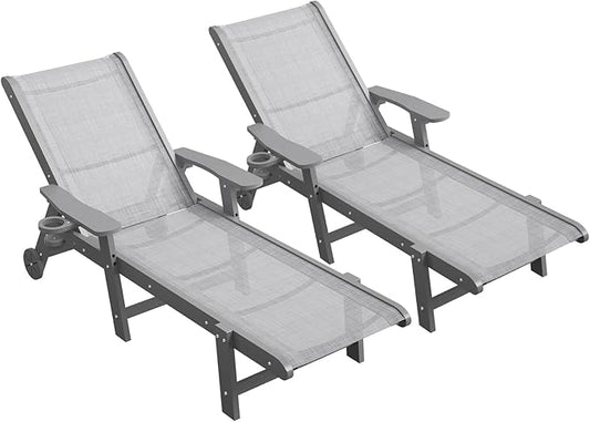 Outdoor Chaise Lounge Chair Set of 2, 5-Position Adjustable Pool Lounge Chair with Wheels & Cup Holder, HDPE Patio Lounge Chair with Textilene Surface for Outside, Poolside & Beach (Grey)