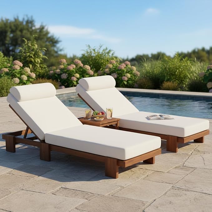 Merax 2 Piece 78.8'' Outdoor Patio Chaise Lounge Chair, Acacia Wood Adjustable Recliner with Headrest and Retractable Side Tray, Perfect for Terrace, Poolside, Garden, and Beach, Beige