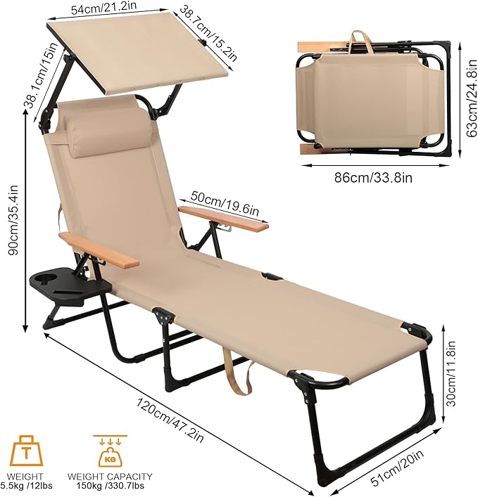 Foldable Chaise Lounge Chair Outdoor, 4-Position Reclining Outdoor Lounge Chairs with Wooden Armrest - Photo 3