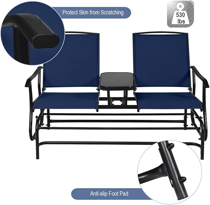 Giantex Outdoor Glider, Rocking Chair with Metal Frame, Center Tempered Glass Table, 2-Person Loveseat - Photo 4