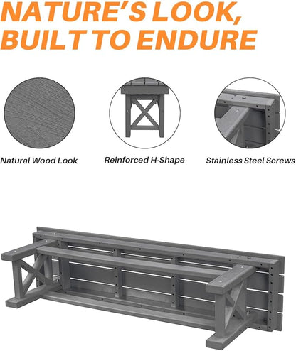 HDPE Outdoor Bench, 55" Patio Bench Outdoor Furniture, Poly Lumber Adirondack Benches, Fade-Resistant HDPE Garden Backless Benches for Park, Poolside, Porch, Smoke Gray