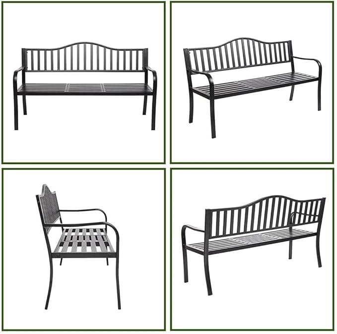 Metal Garden Bench with Pullout Middle Table Patio Seating Double Seat Steel Bench for Outdoor Patio Garden Backyard Weather-Resistant Frame-Black 2