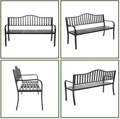 Metal Garden Bench with Pullout Middle Table Patio Seating Double Seat Steel Bench for Outdoor Patio Garden Backyard Weather-Resistant Frame-Black 2