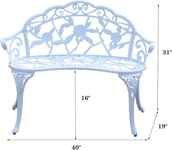 Cast Aluminium Outdoor Bench, Rose Garden Bench for Patio,Park,Lawn,Yard (White) - Photo 3