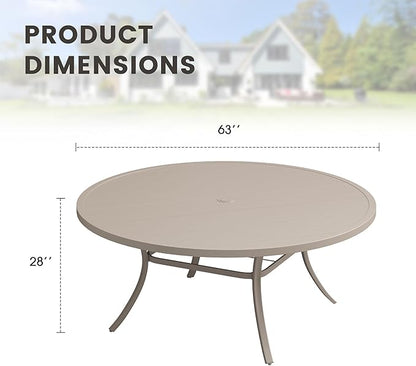 Outdoor Dining Table for 8, 63" Round Outdoor Table with Adjustable Umbrella Hole, All-Weather Metal Patio Dining Table for Lawn Garden Backyard Deck, Sandshell