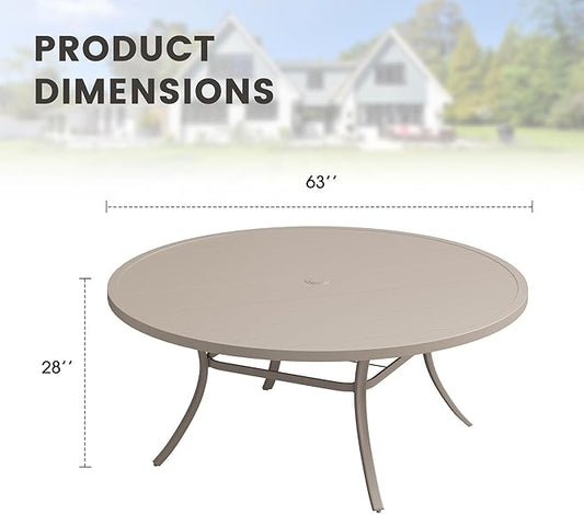 Outdoor Dining Table for 8, 63" Round Outdoor Table with Adjustable Umbrella Hole, All-Weather Metal Patio Dining Table for Lawn Garden Backyard Deck, Sandshell