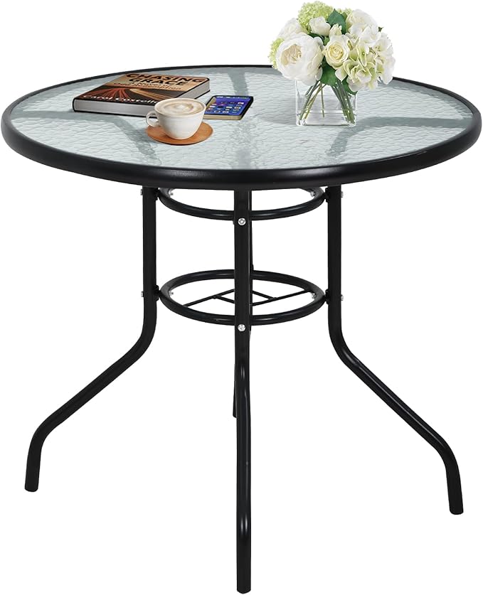 32" Round Outdoor Dining Table - Tempered Glass Top with Umbrella Hole, Weather-Resistant Metal Patio Table for Backyard, Poolside, Balcony, Garden - Black