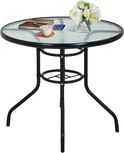 32" Round Outdoor Dining Table - Tempered Glass Top with Umbrella Hole, Weather-Resistant Metal Patio Table for Backyard, Poolside, Balcony, Garden - Black