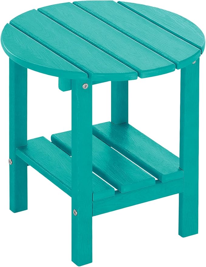 Outdoor Side Table Round - Patio Side Tables - HDPE Small Outdoor End Table for Backyard Pool Porch Balcony - Double Layer Storage - Turquoise (Wood Grain Finish)