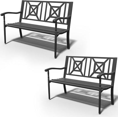 Metal Bench Patio Bench, Outdoor Benches Weatherproof with Lattice Backrest, Wrought Iron Garden Benches for Outdoors, Patio, Garden, Park, 2 Pack