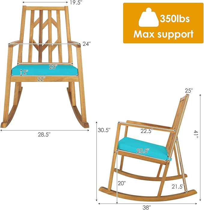 RELAX4LIFE Wooden Rocking Chair Outdoor - Oversized Patio Rocker w/High Backrest, Long Armrest, Removable Soft Cushion, Porch Rocking Chair for Backyard, Garden, Patio Rocking Chair (2, Turquoise)