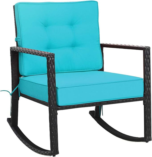 Tangkula Wicker Rocking Chair, Outdoor Glider Rattan Rocker Chair with Heavy-Duty Steel Frame, Patio Wicker Furniture Seat with 5” Thick Cushion for Garden, Porch, Backyard, Poolside (1, Turquoise)