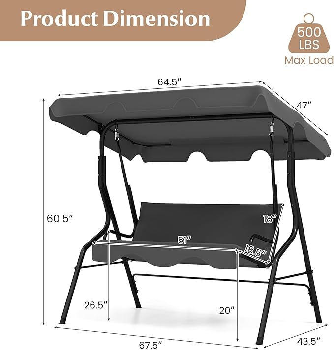 RELAX4LIFE 3-Person Porch Swing Chair - Outdoor Swing w/Adjustable Canopy, Removable Cushion & Metal Frame Stand - Photo 8