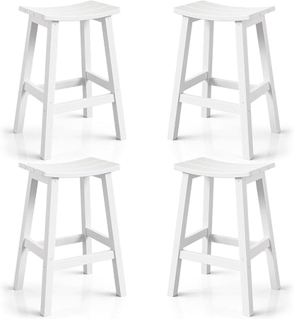 Weatherproof Bar Stools Set of 4, 28" Height Outdoor Bar Stools Holds up to 400 lbs, Saddle Seat, Bar Height Stools for Patio, Garden, and Kitchen Island, White