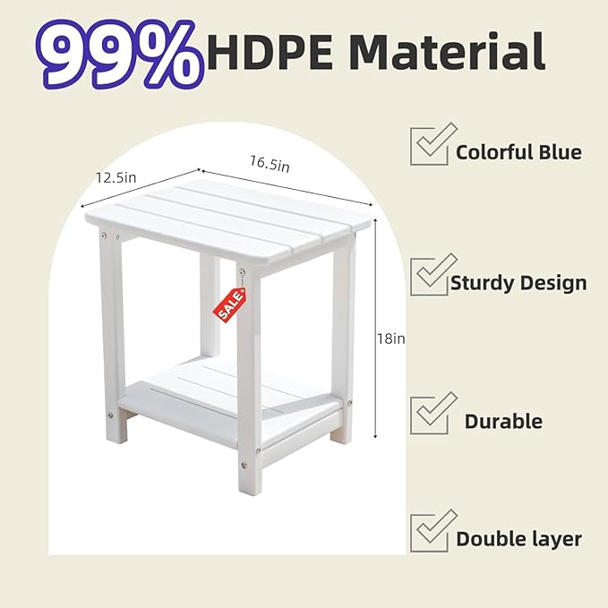 Adirondack Outdoor Side Table - 16.5" Square 2-Tier Patio Table with Weatherproof HDPE Material | All-Weather, Low Maintenance Furniture for Poolside, Porch, Deck
