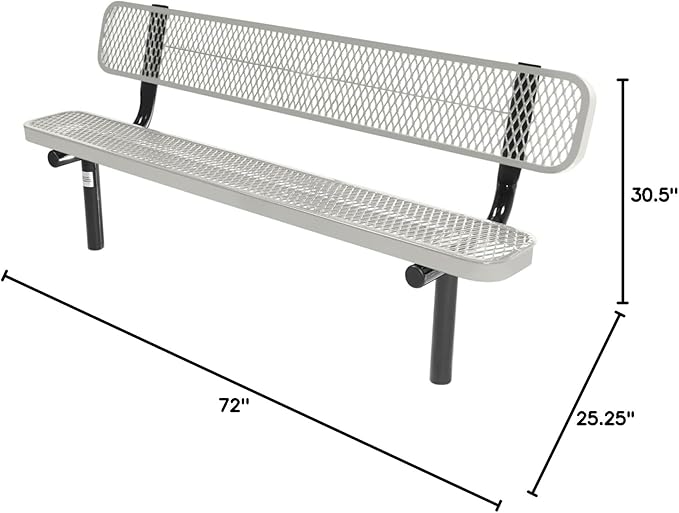 COATEDOUTDOORFURNITURE Coated Outdoor Furniture Heavy-Duty Outdoor Bench Thermoplastic Coated, Expanded Metal, Commercial-Grade Seating, Made in America (Inground with Back, 6 Ft, Textured Grey)