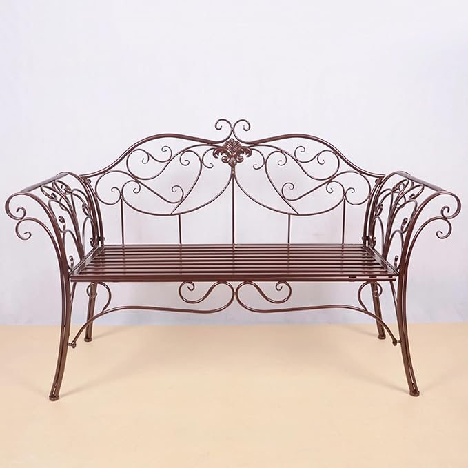 52" Outdoor Garden Bench - Retro Metal Patio Seat, 2-Person Park Bench with Backrest & Armrests, Perfect for Yard, Porch, Lawn & Backyard (Bronze Finish)