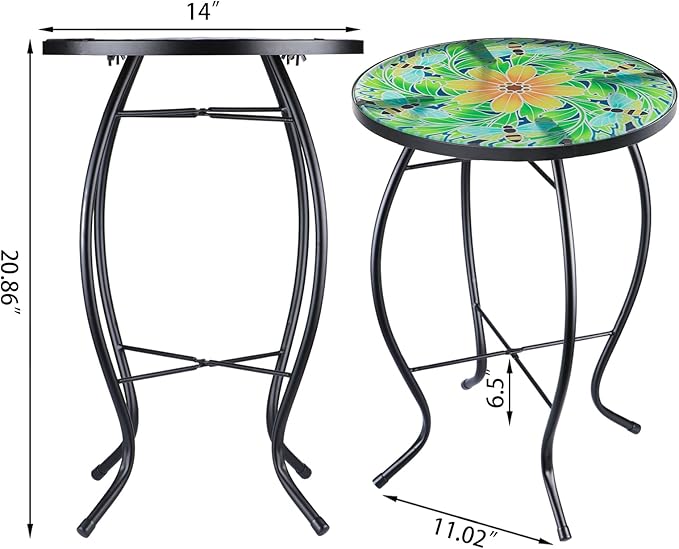 VCUTEKA Outdoor Side Table Mosaic End Patio Side Table Small End Tables Glass Top Round Balcony Coffee Tables Porch - Photo 6