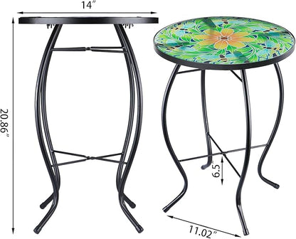 VCUTEKA Outdoor Side Table Mosaic End Patio Side Table Small End Tables Glass Top Round Balcony Coffee Tables Porch Indoor Glass Top Bee 14''