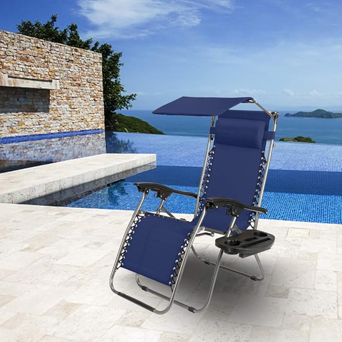 VINGLI Upgraded Zero Gravity Chair Lounge Outdoor Chairs with Folding Canopy Shade，Trays, Folding Patio Recliner Chairs for Backyard Poolside Garden (Blue)