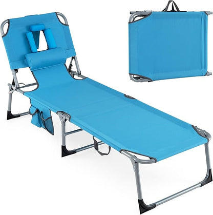 Giantex Face Down Tanning Chair, Folding Beach Lounge Chair w/ 4-Position Adjustable Backrest, Outdoor Sunbathing Lounge Chair w/Face Arm Holes & Storage Pocket for Patio Deck Poolside (1, Navy)