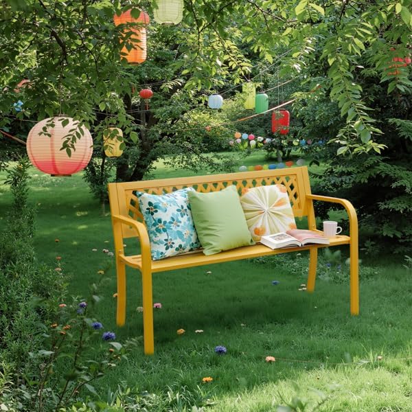 Patio Outdoor Park Loveseat Bench for Garden Porch Deck Made Cast Iron Anti-Rust Aluminum Metal, 2-3 Seater Aluminium Steel (Yellow Mesh)