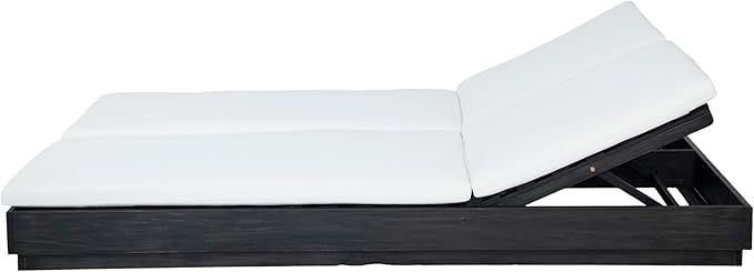 Christopher Knight Home Toridan Double Chaise Lounge Outdoor with Cushion, Acacia Wood Patio Chaise Lounge Set of 2, Adjustable Backrest Poolside Sun Lounger, Wood Sunbathing Chair, Black+White