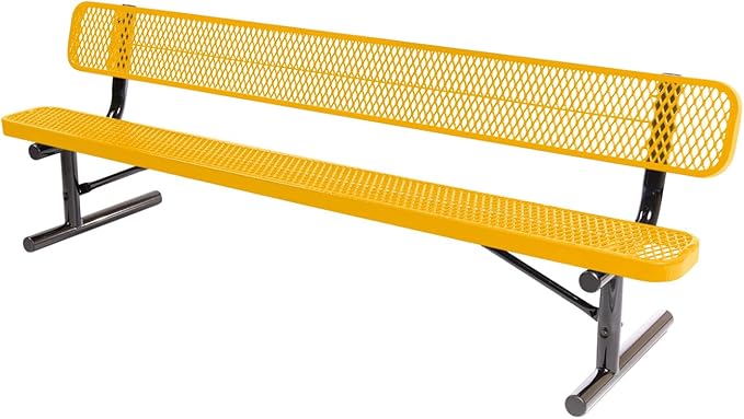 COATEDOUTDOORFURNITURE Heavy-Duty Portable Outdoor Bench Thermoplastic Coated, Expanded Metal, Commercial-Grade Seating, Made in America (Portable with Back, 8 Ft, Textured Yellow)