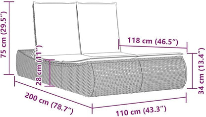 vidaXL Patio Double Sun Lounger with Cushions, Outdoor Chaise Lounge Chair for Beach Pool, Daybed, Sunbed, Modern Style, Gray Poly Rattan