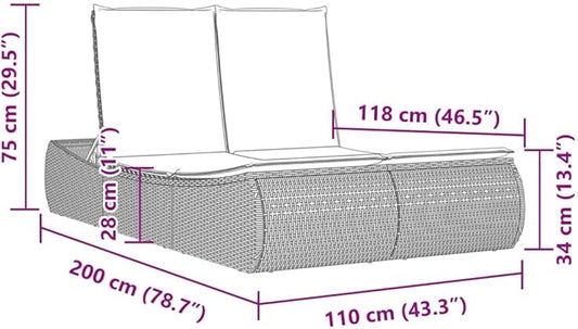 vidaXL Patio Double Sun Lounger with Cushions, Outdoor Chaise Lounge Chair for Beach Pool, Daybed, Sunbed, Modern Style, Gray Poly Rattan