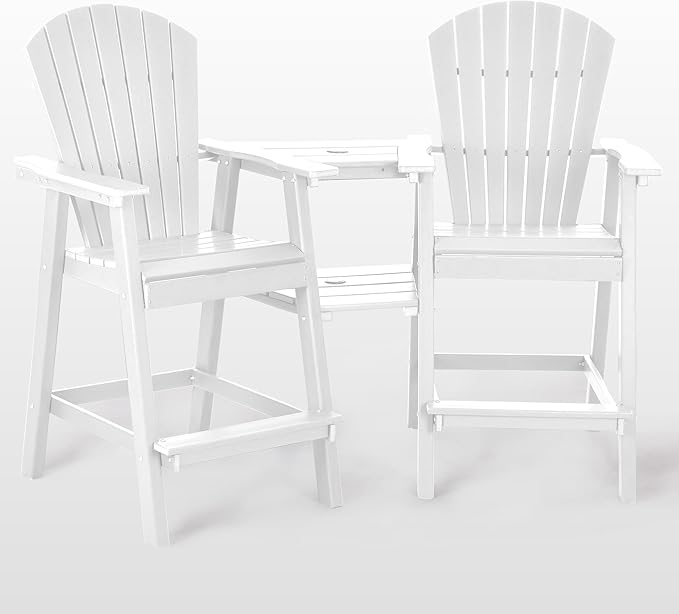 Tall Adirondack Chairs Set of 2, HDPE Balcony Chair with Double Connecting Tray, Weather Resistant Outdoor Adirondack Bar Stools for Patio, Deck, Patio, Backyard, Balcony.(White)