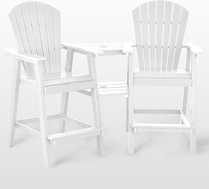 Tall Adirondack Chairs Set of 2, HDPE Balcony Chair with Double Connecting Tray, Weather Resistant Outdoor Adirondack Bar Stools for Patio, Deck, Patio, Backyard, Balcony.(White)