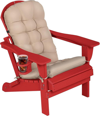 Adirondack Chair with Cushion & Cup Holder, HDPE Folding Adirondack Chair with Wood-Like Grain Outdoor Fire Pit Chairs for Patio/Porch/Swimming Pool/Camping