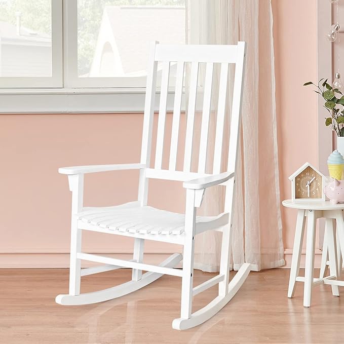 Tangkula Acacia Wood Porch Rocking Chair, Wooden Rocking Chair Rocker with High Back & Armrest for Indoor Outdoor Use, Patio Rocker for Garden Lawn Balcony Backyard Poolside (1, White)