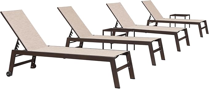 PURPLE LEAF Chaise Lounge Outdoor Set 4 Pieces Sturdy Aluminum Outdoor Chaise Lounge Chair for Pool Outside Lawn Patio Lounger with Breathable Textilene Fabric, Beige