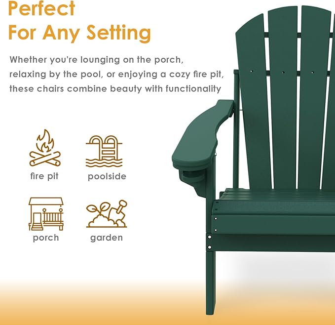 IVY&LANE Folding-Adirondack-Chairs-Set-of-4 | HDPE Plastic | Outdoor Fire Pit Chair with Cup Holder | Forest Green | Poly | Weather Resistant | for Patio Deck Poolside Garden Beach