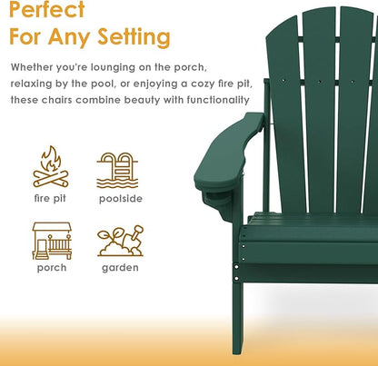 IVY&LANE Folding-Adirondack-Chairs-Set-of-4 | HDPE Plastic | Outdoor Fire Pit Chair with Cup Holder | Forest Green | Poly | Weather Resistant | for Patio Deck Poolside Garden Beach